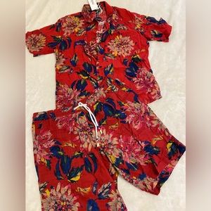 Jogal Hawaiian Floral Button Down Shirt&Shorts Set XL‎